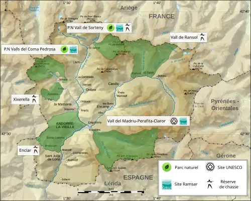 La vallée sur la carte des espaces protégés d'Andorre