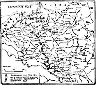 Carte du partage de la Pologne publiée dans le quotidien soviétique Izvestia du 18 septembre 1939 : Varsovie y apparaît sur la ligne de démarcation.