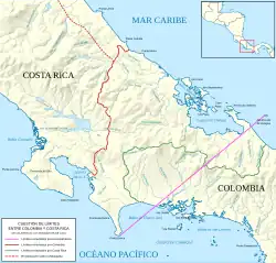 Revendications frontalières faites par la Grande Colombie, le Costa Rica et la République fédérale d'Amérique centrale, selon l'Uti possidetis juris de 1810.