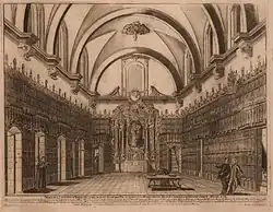 Gravure ancienne d'une bibliothèque voûtée et dont seuls les murs sont couverts d'étagères de livres