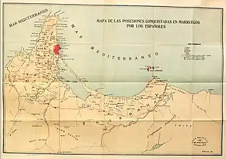 Carte du terrain conquis par les troupes espagnoles durant la campagne militaire de 1909.