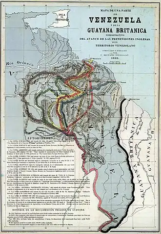 Carte de 1896 de l'ancienne Guyane britannique et les différentes lignes de démarcation tracées qui ont été discutées dans la sentence arbitrale de Paris.