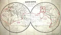 Mappe-monde, voyage autour du monde de Camille de Roquefeuil.