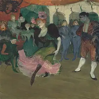 Marcelle Lender au centre et Amélie Diéterle à gauche en robe verte, dans Chilpéric par Henri de Toulouse-Lautrec en 1896.