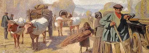 Toile en couleurs d'une scène de marché.