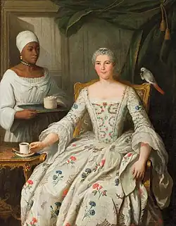 Portrait de Marguerite Deurbroucq, épouse de l'armateur négrier Dominique Deurbroucq, servie par son esclave (1754).