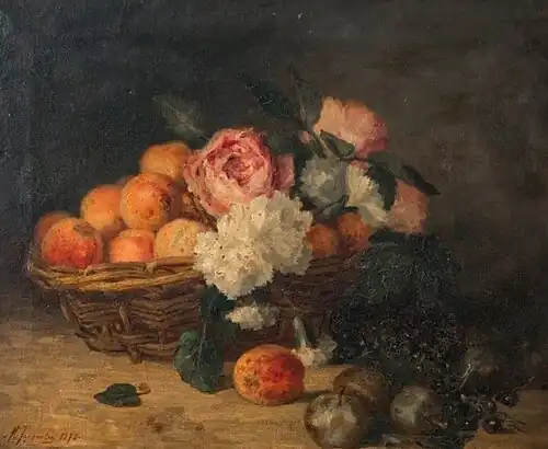 Nature morte au panier de prunes, pêches, cassis et pivoines (vers 1900), localisation inconnue.
