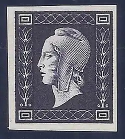 Photographie d'un timbre-poste imprimé en noir et blanc.