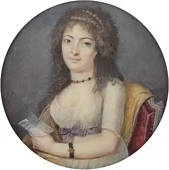 Portrait d'une dame à la lettre, vers 1794-1798, miniature, aquarelle sur ivoire, diamètre 6,6&nbsp;cm (localisation inconnue)