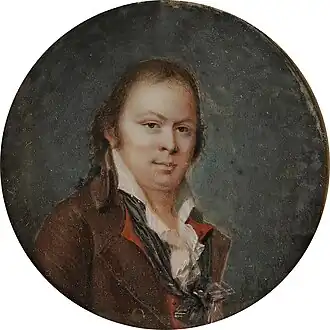 Portrait d’homme en costume brun, 1791, miniature sur ivoire, diamètre 6,3&nbsp;cm (localisation inconnue)