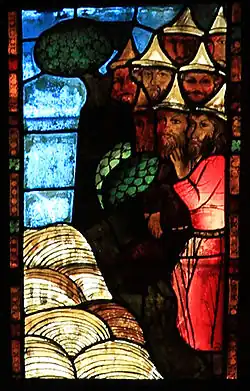 Juifs rouges attendant la fin des temps au bord du Sambatyon, sur un vitrail de l'église Sainte-Marie à Francfort-sur-l'Oder.