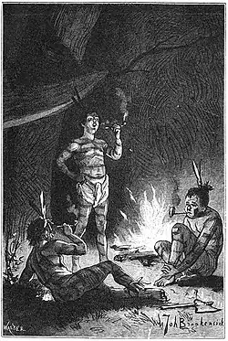 Trois gamins habillés à l'indienne, chapeau en papier et plumes, fumant la pipe.