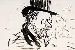 Dessin à l'encre noire d'un homme en buste et de trois-quarts face, avec haut-de-forme et lorgnon