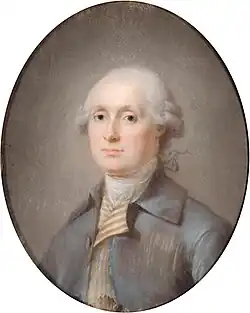 Portrait de 3/4 d'un homme aux cheveux blancs coiffé avec un catogan aux yeux bleus.