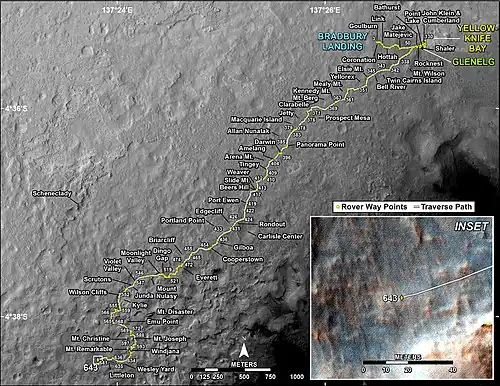 Trajet effectué par Curiosity le 28 mai (sol 643), alors qu'il vient d'effectuer son 7e&nbsp;kilomètre.