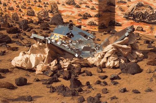 Photo sur Mars du rover au milieu des coussins dégonflés.