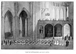 Gravure du dix-neuvième siècle représentant une procession traversant le transept de la cathédrale devant le jubé