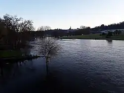 La Semois en crue à Martué, avec Florenville à l'horizon. (Photo prise du pont de Martué)