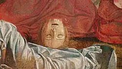 Un jeune écuyer anglais décapité par les Huns, détail du tableau Le Martyre des pèlerins et les funérailles de sainte Ursule, œuvre de Vittore Carpaccio.