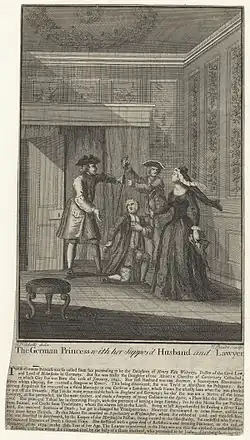 Description de l'image Mary Carleton (née Moders) ('The German Princess with her Suppos'd Husband and Lawyer') by James Basire.jpg.