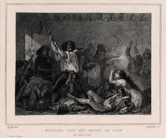 Massacre dans les prisons de Lyon, en avril 1795. Gravure de 1835 par Quéverdo.