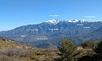 Le horst du Canigou est délimité par des failles normales majeures, notamment la faille de la Têt (marron), la faille de Fillols-Py-Mantet (orange) et la faille de Mariailles-Parcigoule (noire).