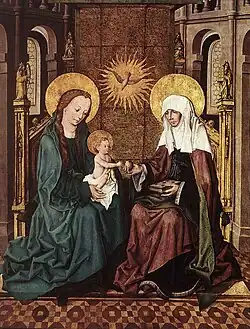 Miniature représentant deux femmes côte à côte avec un bébé assis sur les genoux de l'une et se tournant vers l'autre.