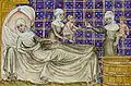La naissance d'Esaü et Jacob, dans une enluminure des années 1360-1370, donne un aperçu du vêtement des femmes du commun et sages-femmes pendant un accouchement.