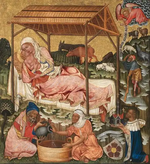 Scène de la Nativité du retable de Vyšší Brod, couvent Sainte-Agnès, Prague.