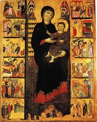 Maestà Hodigitria, « qui montre la voie ». Maître de San Martino. 1260-70. H. 1,62&nbsp;m. Musée national San Matteo, Pise.