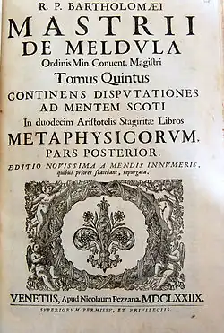 Couverture en latin indiquant notamment « Bartholomæi Mastrii, Tomus quintus, Continens disputationes ad mentem Scoti », datée de 1678
