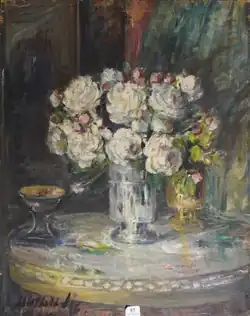 Mathilde Sée, Bouquet de roses blanches au calice, huile sur toile.