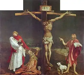 Crucifixion d'Issenheim, 1512–1516, deux volets de 292&nbsp;×&nbsp;167&nbsp;cm chacun, Colmar, Musée Unterlinden