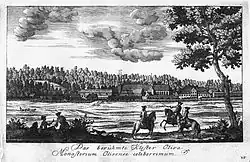 Gravure du XVIIIe siècle montrant une abbaye entourée de champs et de forêts.