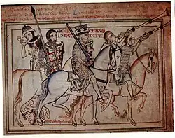 Enluminure montrant cinq cavaliers avançant vers la droite. Deux trompettistes se trouvent devant le roi.