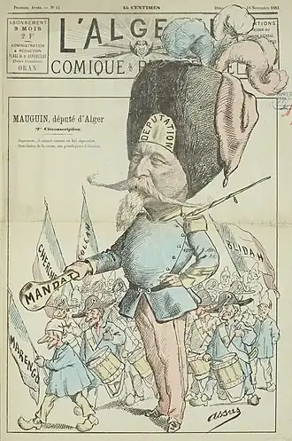 Caricature d'Alexandre Mauguin (L'Algérie comique et pittoresque, 18 novembre 1883).
