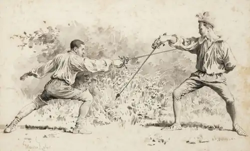 Duel à l'épée entre Saint-Luc et Monsoreau.