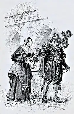 Porthos marivaude avec madame Coquenard, épouse (et future héritière) d'un riche procureur. Gravure de Huyot d'après un dessin de Leloir, 1894.
