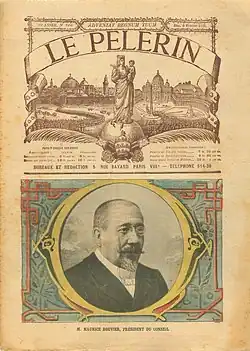 Dessin en couleurs d'un homme portant la barbe et moustaches, inséré dans un médaillon en première page du journal.