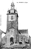 Mauron ː la façade de l'église paroissiale au début du XXe&nbsp;siècle (carte postale).