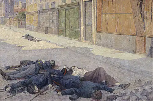 Peinture montrant des cadavres gisants dans une rue en plein jour.