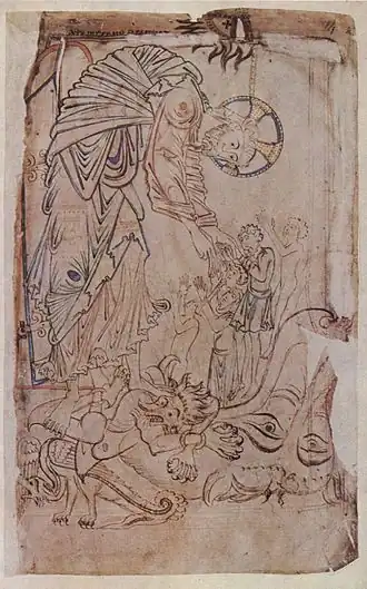 Exemple de dessin à l'encre polychrome, Psautier Tiberius.