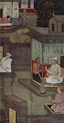 Un démon féminin s'entretient avec un roi, illustration d'un manuscrit de 1602.