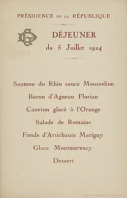 Fiche présentant le menu du 5 juillet 1924 : saumon, agneau, caneton, salade, artichauds, glace.