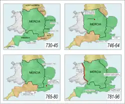 Quatre cartes montrant comment la Mercie étend progressivement son influence sur les royaumes voisins du Wessex (au sud), du Sussex et du Kent (au sud-est), de l'Essex et de l'Est-Anglie (à l'est)