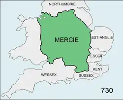 Carte mettant en évidence la domination mercienne sur le centre de l'Angleterre, entourée de plusieurs royaumes plus petits