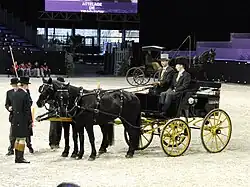 Dans une carrière intérieure, un attelage traditionnel présenté par des hommes en costume haut de forme est à l'arrêt; l'attelage est composé de deux chevaux noirs devant lesquels trois personnes sont stationnées; un écran géant et des tribunes sont à l'arrière-plan.
