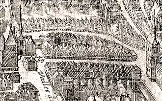 Le pont Marchand au premier plan (détail du plan de Merian de 1615) ; le pont au Change se trouve en arrière-plan.