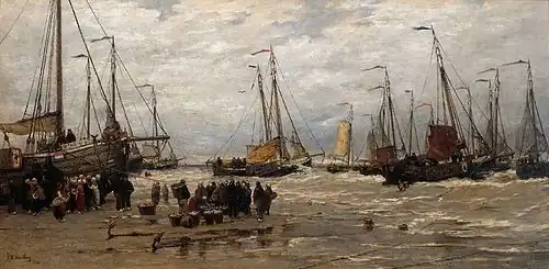 Des pinques de pêcheurs sur des brisants vers 1875 - 1885 par Hendrik Willem Mesdag.