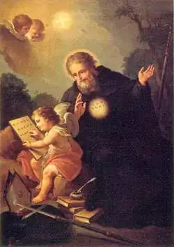 Un homme penché sur un angelot lisant.